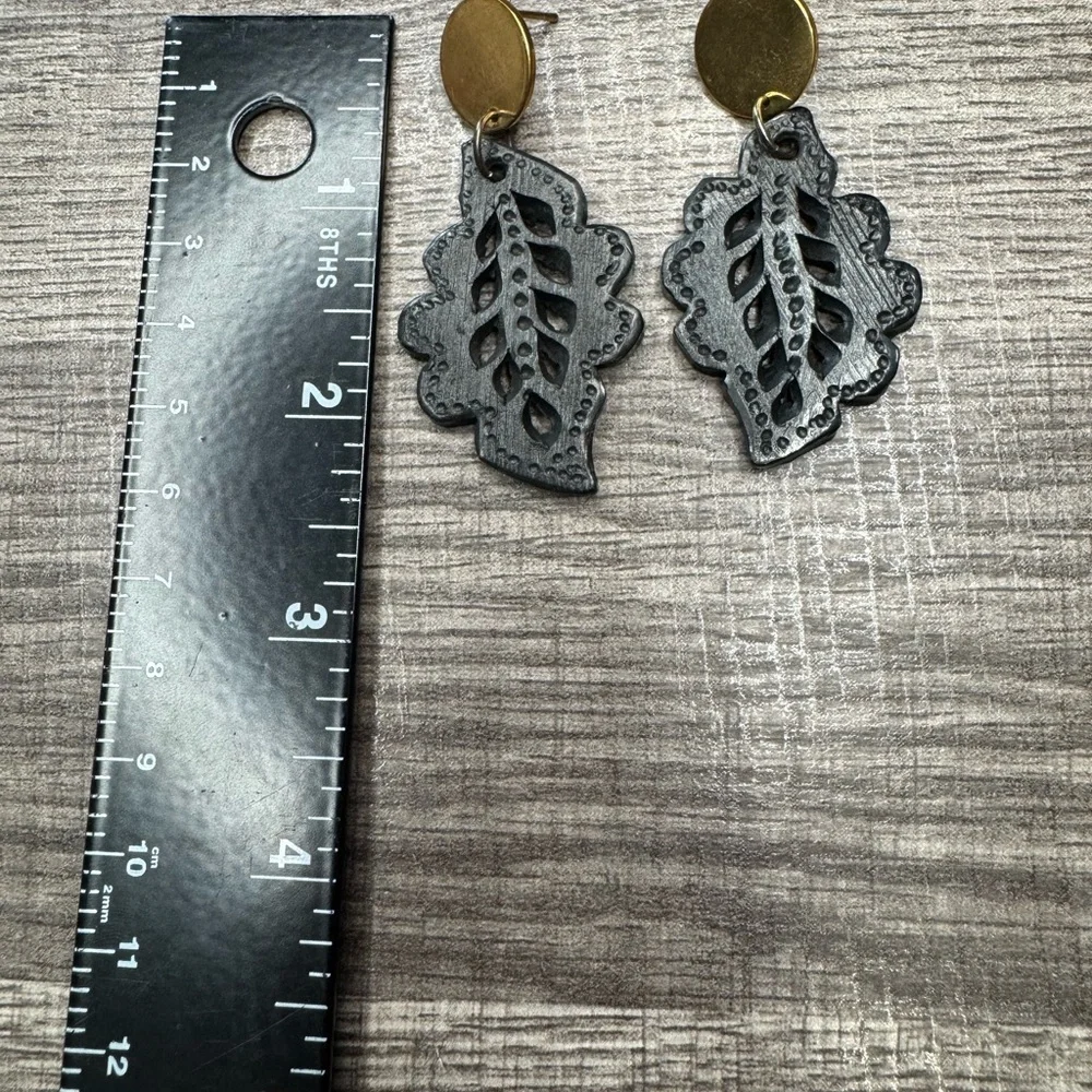 Black clay Black and Gold Leaf Earrings